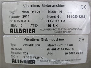Allgaier Vibrall F 800 control screening machine ATEX